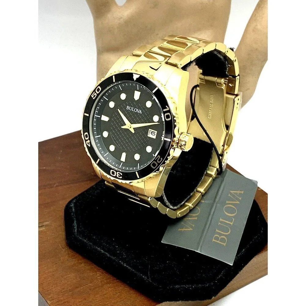 Bulova Men's Watch 98B375 Quartz Gold Black Dial Date Stainless Steel 43mm